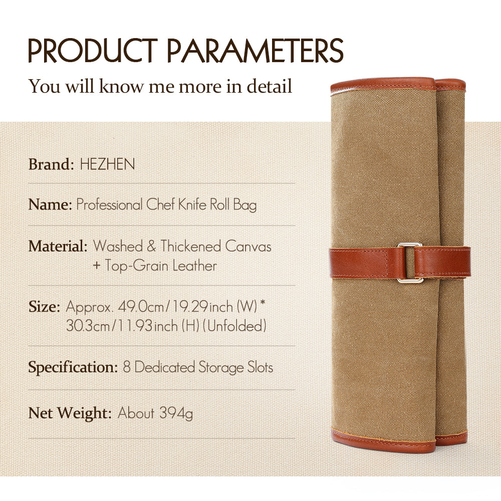 HEZHEN Professional Chef Knife Roll Bag,Microfiber Leather & Thickened Washed Canvas,Durable Kitchen Tool Storage Bag