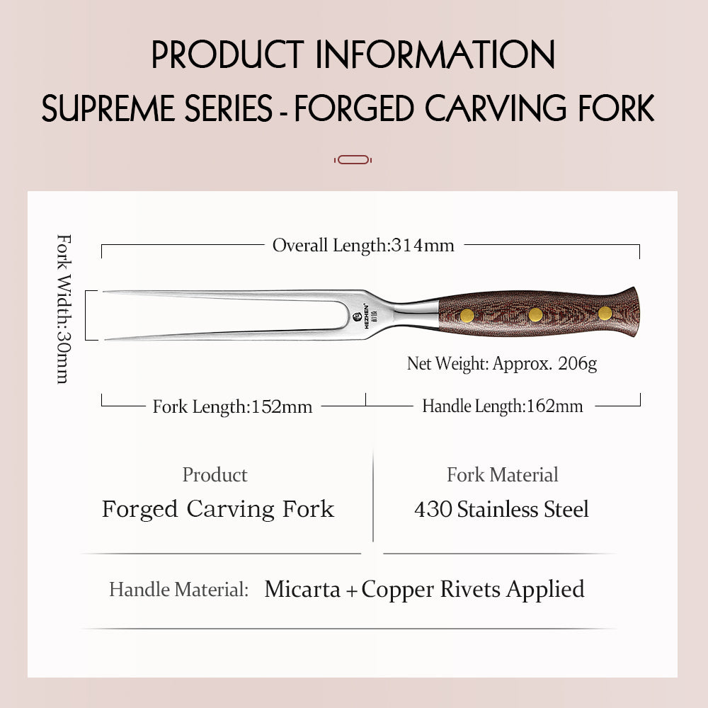 HEZHEN Forged Stainless Steel Carving Fork, Solid 430 Steel Meat Fork with Micarta Handle & Copper Rivets for Turkey Roast & Ham Slicing