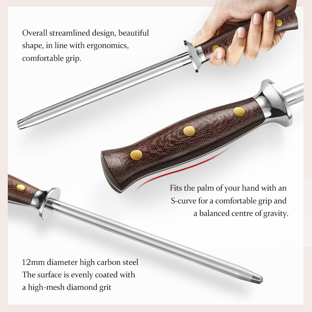 HEZHEN Premium Professional Sharpening Rod – High-Carbon Steel Honing Rod with Diamond Grit Coating, Ergonomic Micarta Handle & Copper Rivets