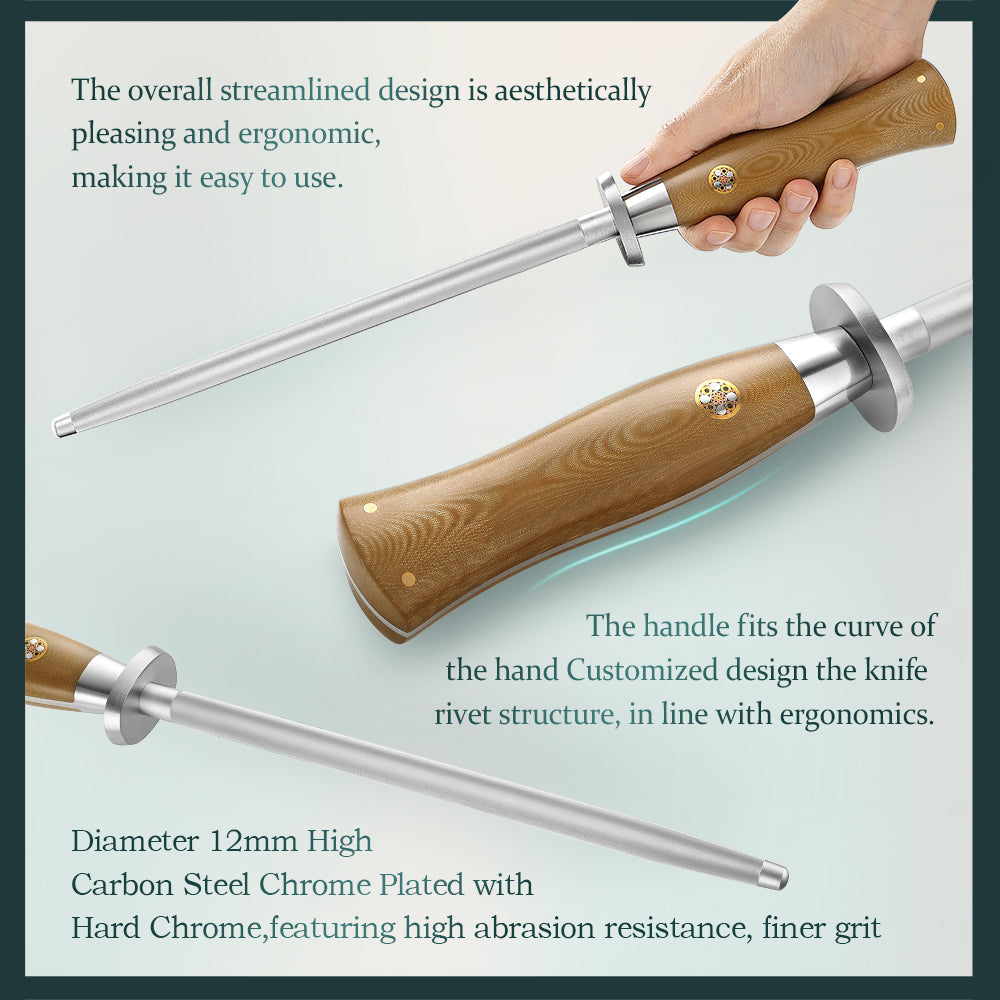HEZHEN Professional High Carbon Steel Chrome Plated Sharpening Rod with Linen Micarta Ergonomic Handle, Kitchen Knife Honing Steel for Home & Chef Use