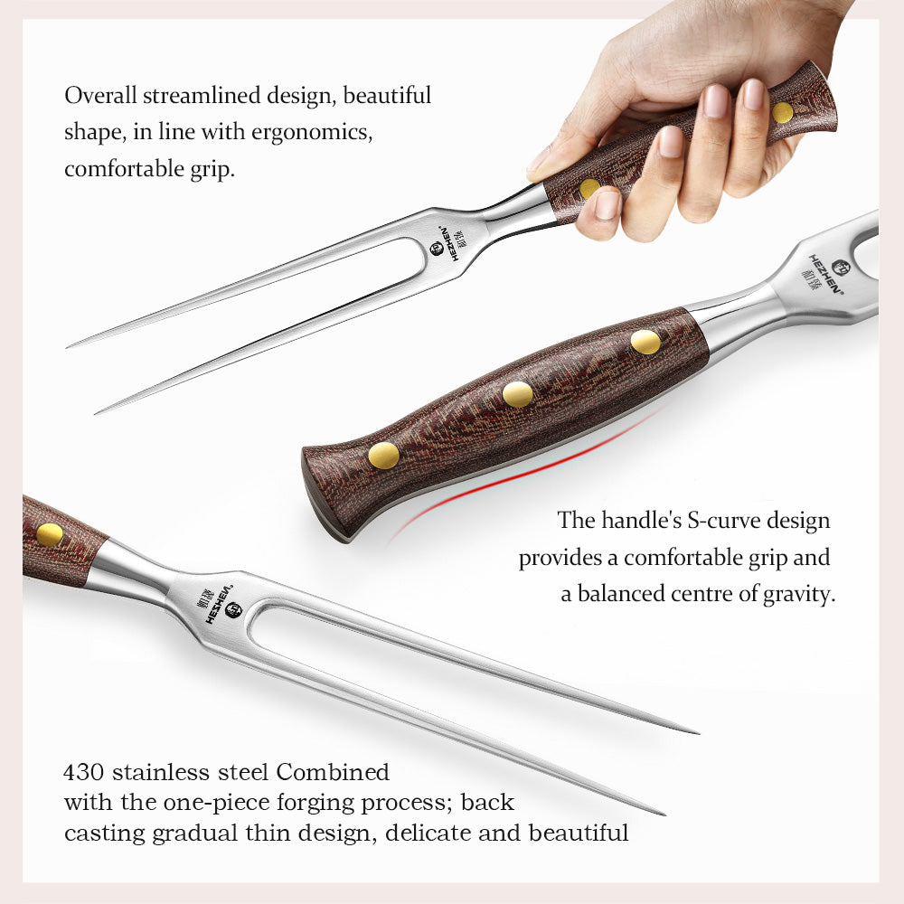 HEZHEN Forged Stainless Steel Carving Fork, Solid 430 Steel Meat Fork with Micarta Handle & Copper Rivets for Turkey Roast & Ham Slicing