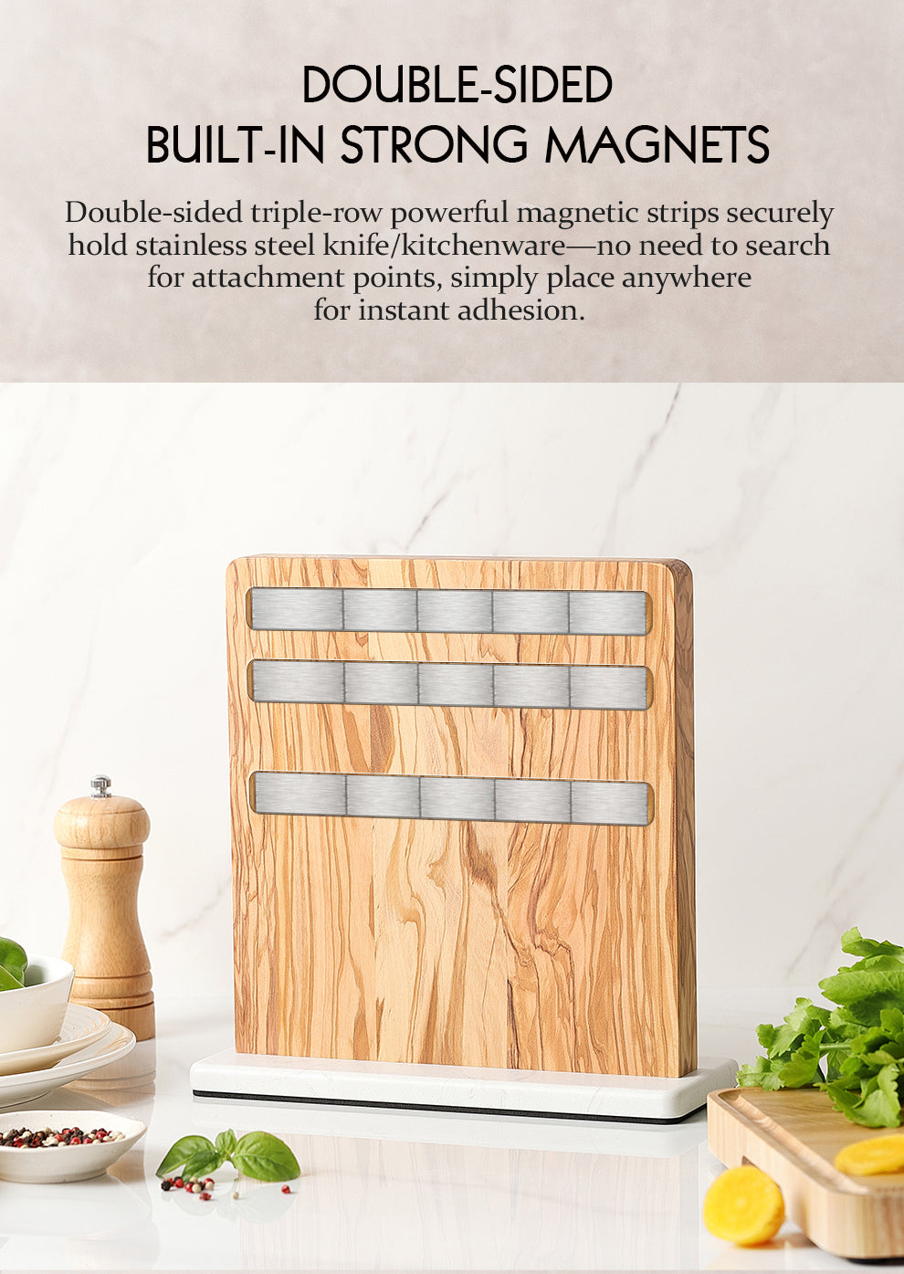 HEZHEN Dual-Side Magnetic Knife Holder | Olive Wood & Marble Base | Raw & Cooked Separation Design