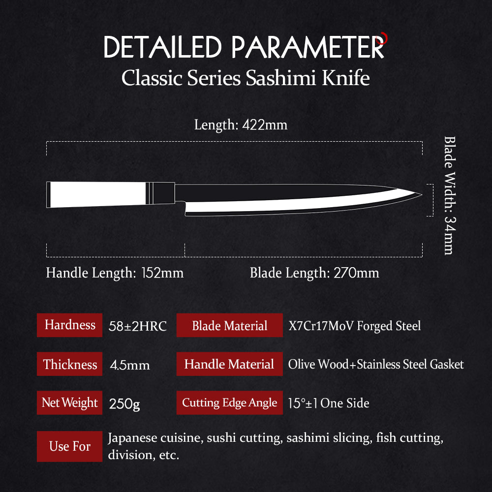 HEZHEN Premium 27cm Sashimi Knife X7Cr17MoV Forged Steel With Olive Wood Handle