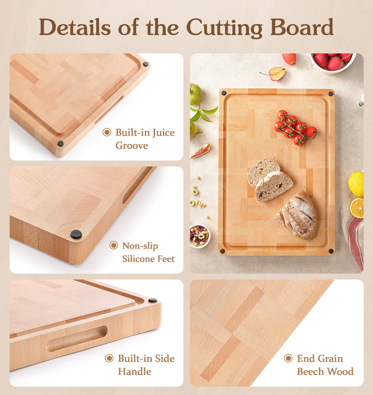 HEZHEN Premium End-Grain Beech Wood Chopping Board – Double-Sided with Juice Groove, Non-Slip Feet & Handles – Multipurpose Kitchen & Serving Tray