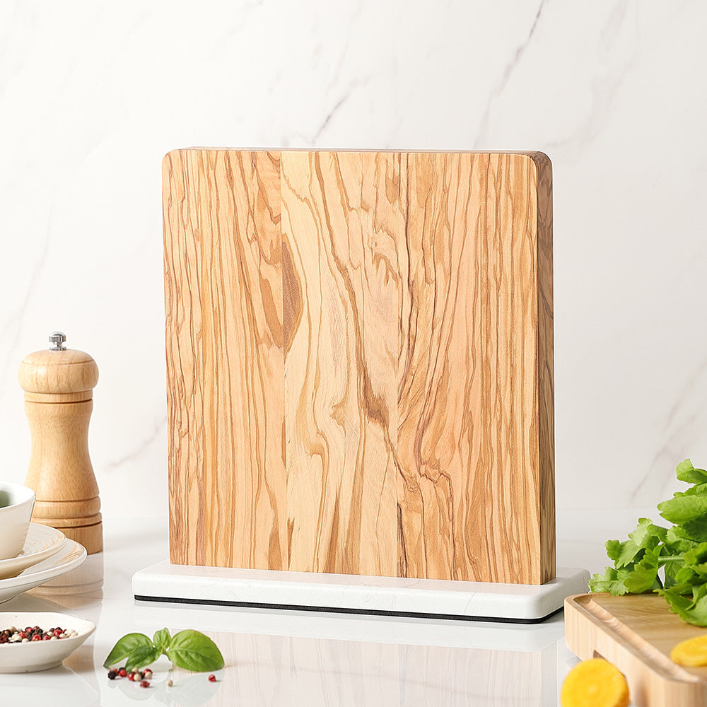 HEZHEN Dual-Side Magnetic Knife Holder | Olive Wood & Marble Base | Raw & Cooked Separation Design