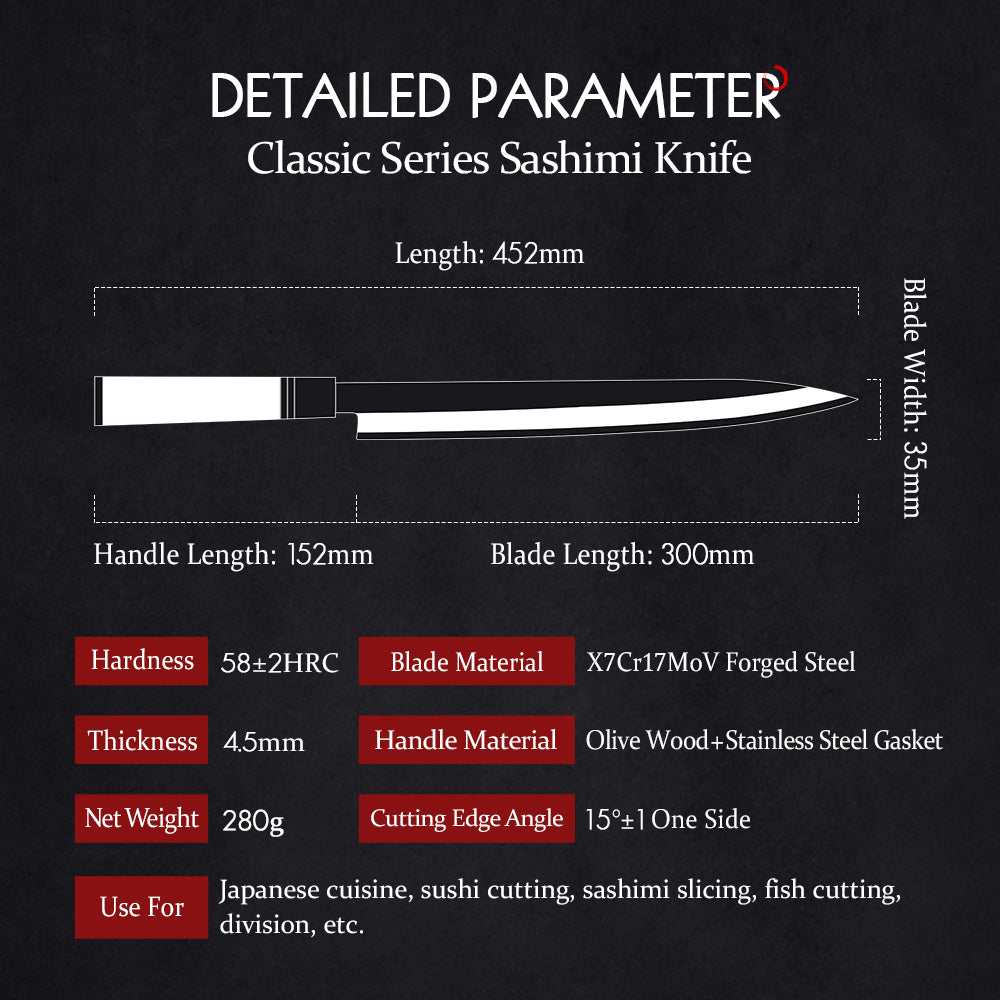 HEZHEN Professional Sashimi Knife 30cm X7Cr17MoV Forged Steel Perfect Balance, Olive Wood Comfort Handle