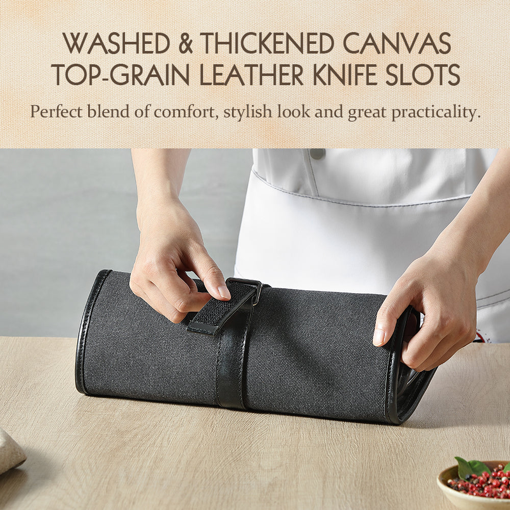 HEZHEN Microfiber Leather + Thickened Canvas  Chef Knife Roll Knife Storage Bag Kitchen Utensils