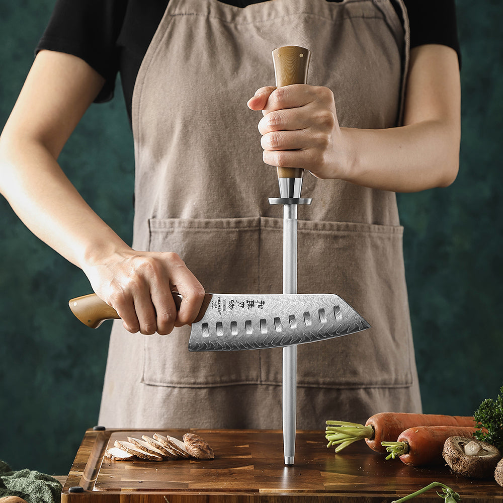 HEZHEN Professional High Carbon Steel Chrome Plated Sharpening Rod with Linen Micarta Ergonomic Handle, Kitchen Knife Honing Steel for Home & Chef Use