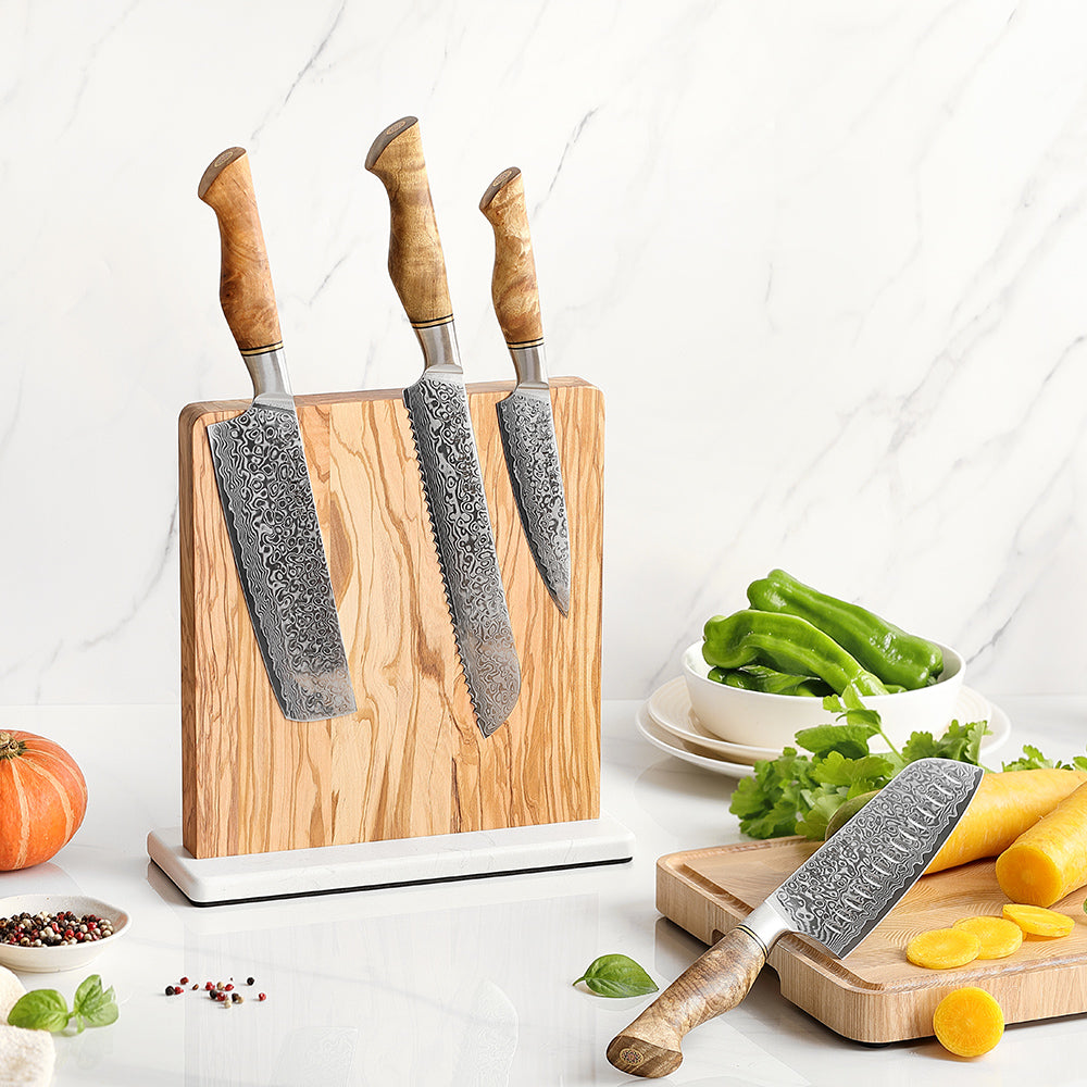 HEZHEN Dual-Side Magnetic Knife Holder | Olive Wood & Marble Base | Raw & Cooked Separation Design