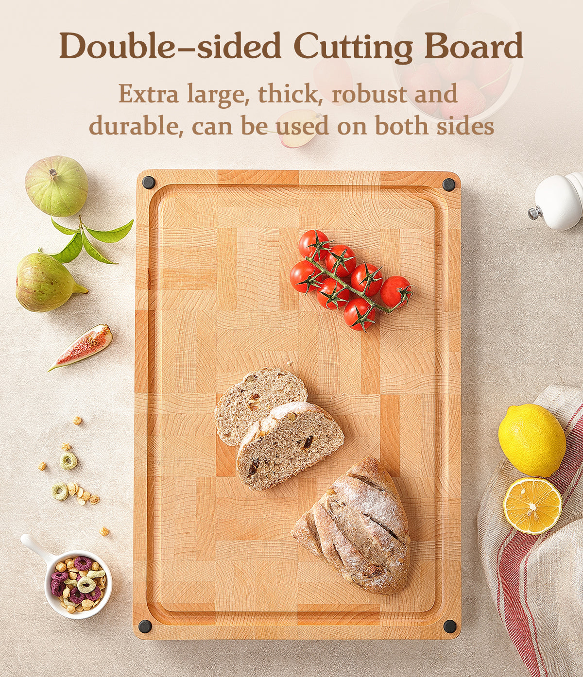 HEZHEN Premium End-Grain Beech Wood Chopping Board – Double-Sided with Juice Groove, Non-Slip Feet & Handles – Multipurpose Kitchen & Serving Tray