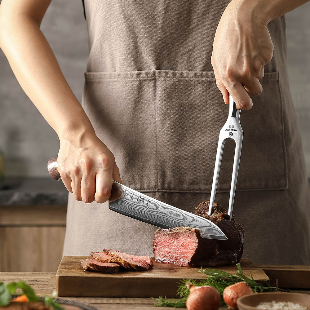 HEZHEN Forged Stainless Steel Carving Fork, Solid 430 Steel Meat Fork with Micarta Handle & Copper Rivets for Turkey Roast & Ham Slicing