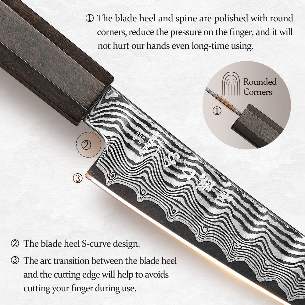 HEZHEN 5.2 Inch Kitchen Utility Knife, 67‑Layer Damascus Steel with 10Cr15CoMoV Steel Core, 60±2 HRC Hardness,