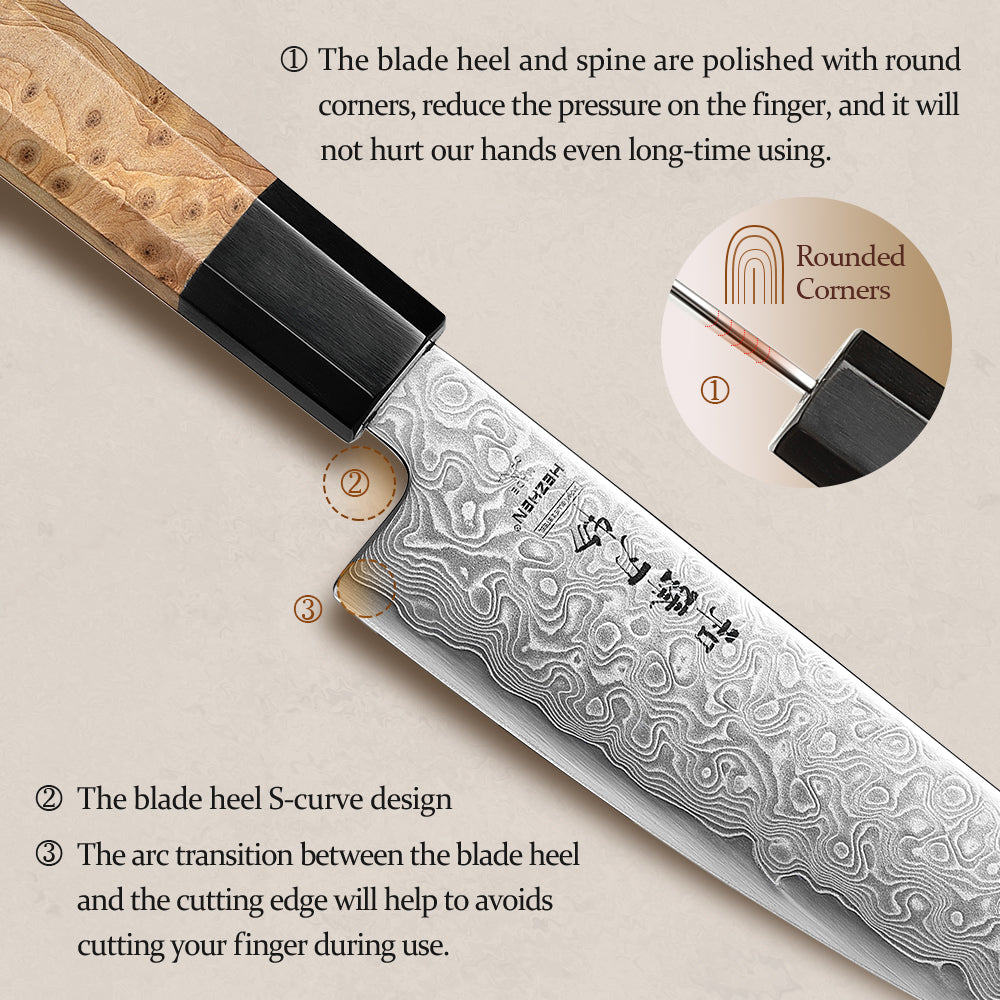 HEZHEN 5.5 Inch Japanese Santoku Knife, Blue Steel No.2 Carbon Steel Core Damascus Blade, Figured Sycamore Wood Handle