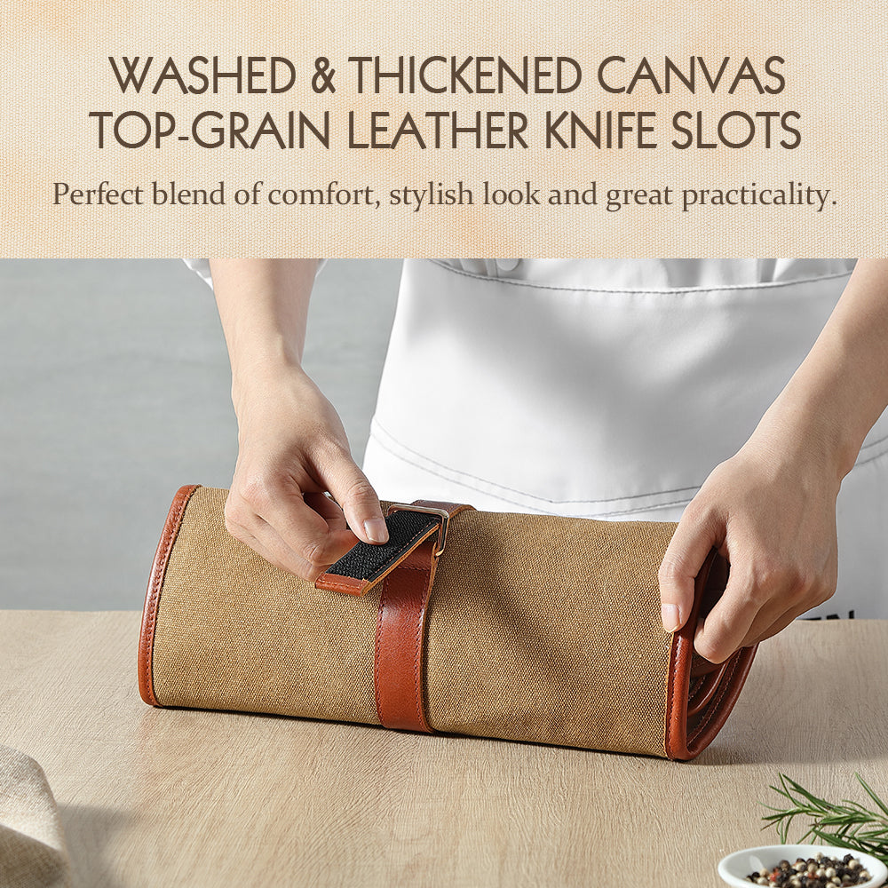 HEZHEN Professional Chef Knife Roll Bag,Microfiber Leather & Thickened Washed Canvas,Durable Kitchen Tool Storage Bag