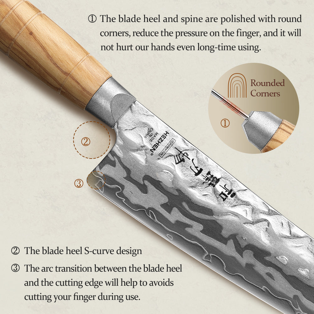 HEZHEN Versatile 9‑Layer Damascus Santoku – 3‑Virtue Blade with Olive Wood Handle