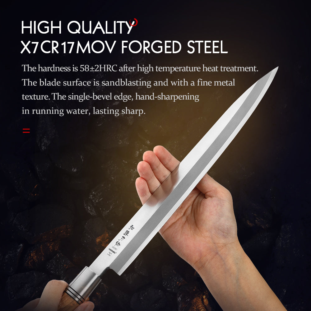 HEZHEN Professional Sashimi Knife 30cm X7Cr17MoV Forged Steel Perfect Balance, Olive Wood Comfort Handle