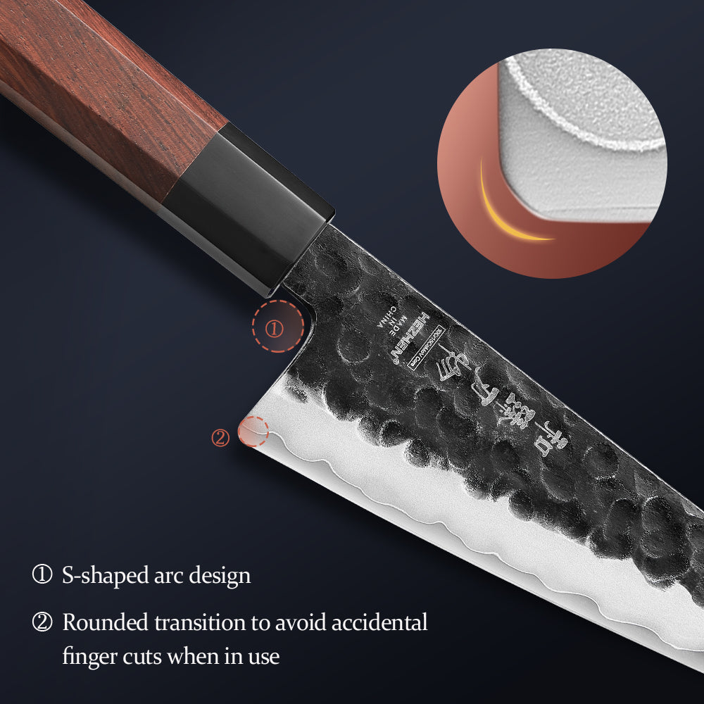 HEZHEN 6 Inches Multipurpose Knife,3 Layers Composite Steel,Stone Washed Frosted Finish,Octagonal Red Wood Handle