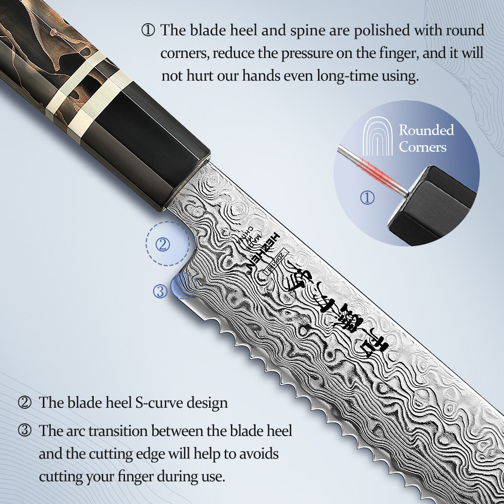HEZHEN 8.3 Inch Serrated Bread Knife 49-Layer Hitachi ZDP-189 Damascus Steel, Japanese Octagonal Ergonomic Resin Handle