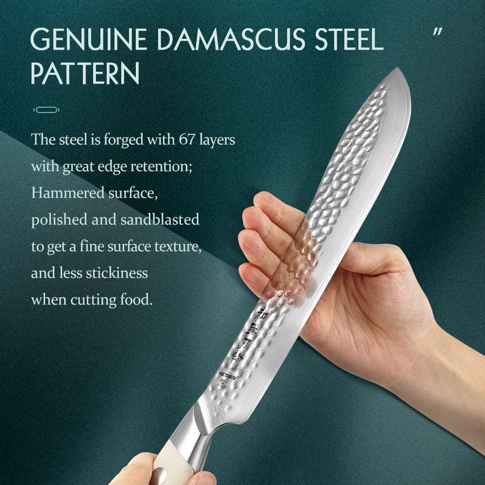 HEZHEN Damascus Steel 10” Butcher Knife 10Cr15CoMoV Steel Core Hammered Finish G10 Handle