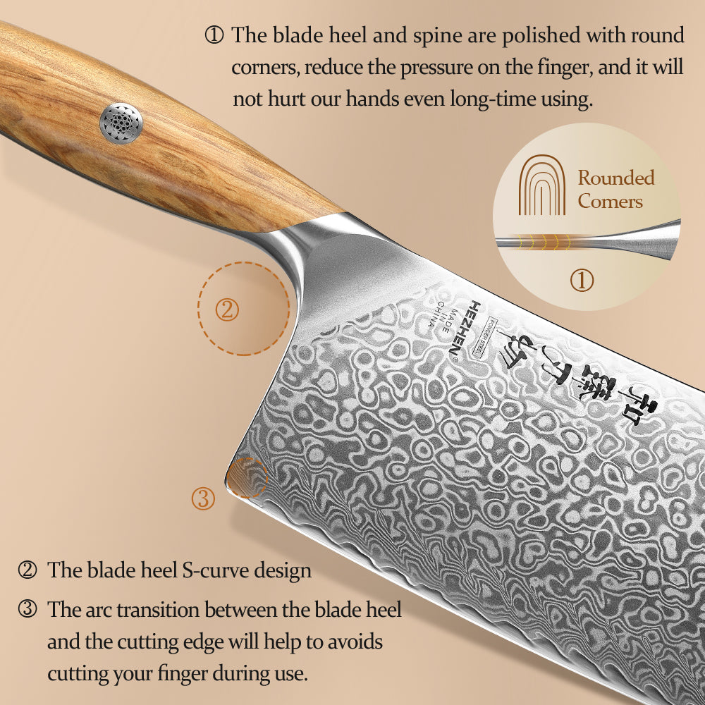 HEZHEN 7 Inches Bone Cleaver Knife, 73 Layers Damascus Powder Steel, Olive Wood Handle, Gift Ready-Flagship Series