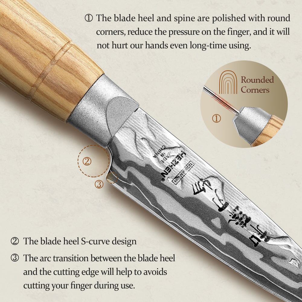 HEZHEN 9-Layer Forged Damascus Paring Knife, 12Cr18MoV Steel 60±2HRC Sharp Fruit Knife, Ergonomic Olive Wood Handle for Peeling & Slicing
