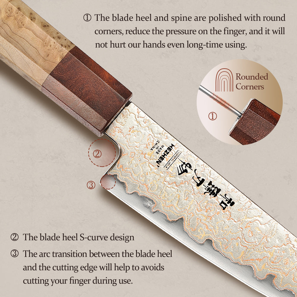 HEZHEN 5.5 Inch Kitchen Utility Knife, 37 Tricolor Copper Damascus Steel Kitchen Knife with Figured Sycamore Wood + Padauk Burl Wood