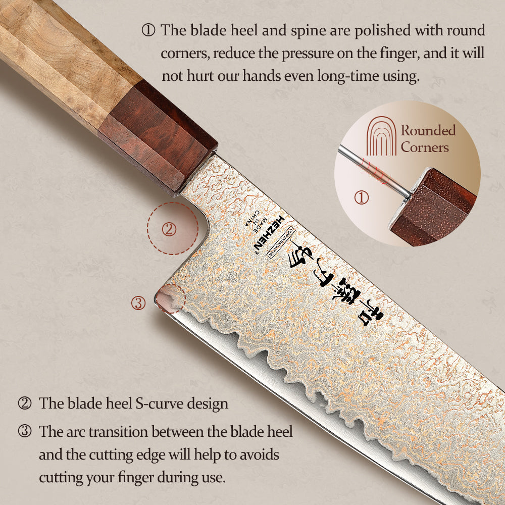 HEZHEN Chef Knife, 37 Tricolor Copper Damascus Steel Kitchen Knife, Professional Cooking Knife with Figured Sycamore Wood + Padauk Burl Wood