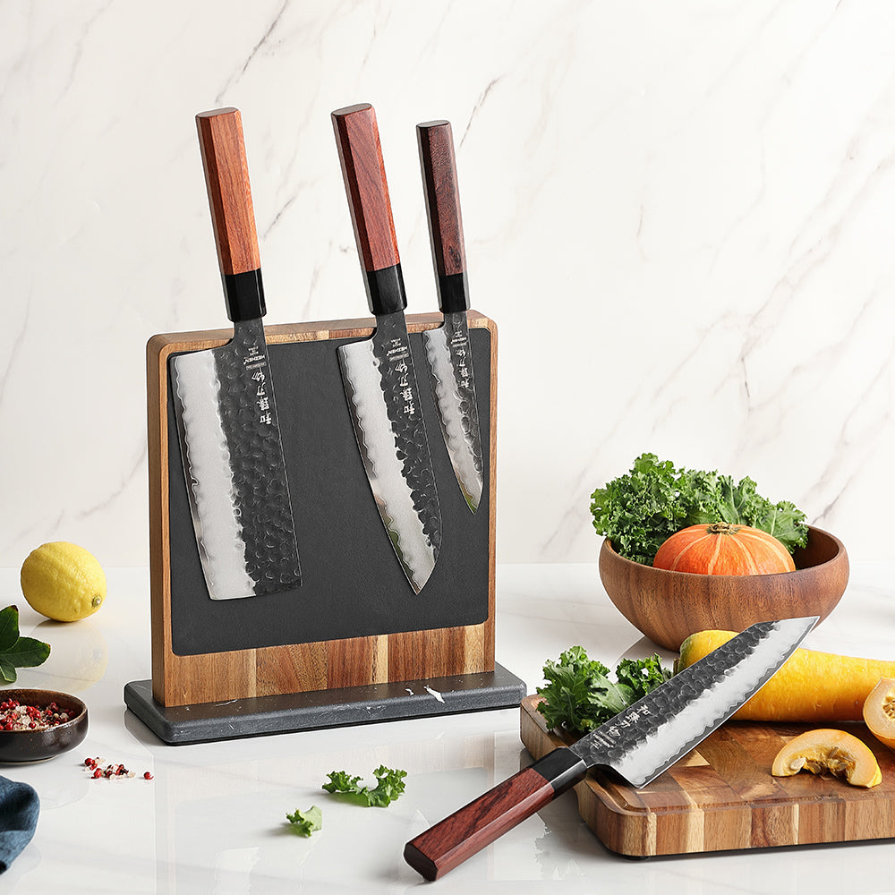 HEZHEN Dual-Side Magnetic Knife Holder with Leather Surfaces | Raw & Cooked Separation | Acacia Wood & Marble Base
