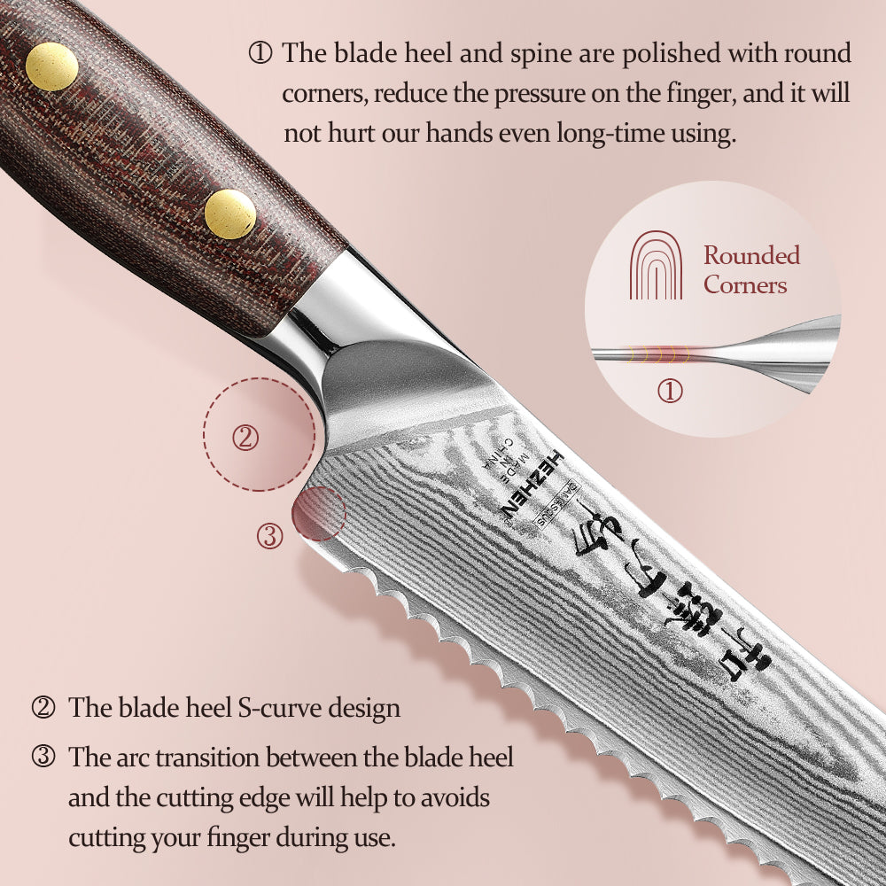 HEZHEN 8.5" 67-Layer Damascus Bread Knife – Core at 60±2HRC, Serrated Edge for Crusty Bread & Cakes, Ergonomic Micarta Handle