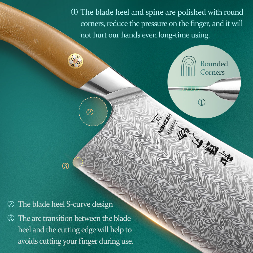 HEZHEN 7 Inches Chinese Bone Choping Knife, 67 Layers Damascus Steel with Linen Micarta Handle, Gift Box Package- B38L Series