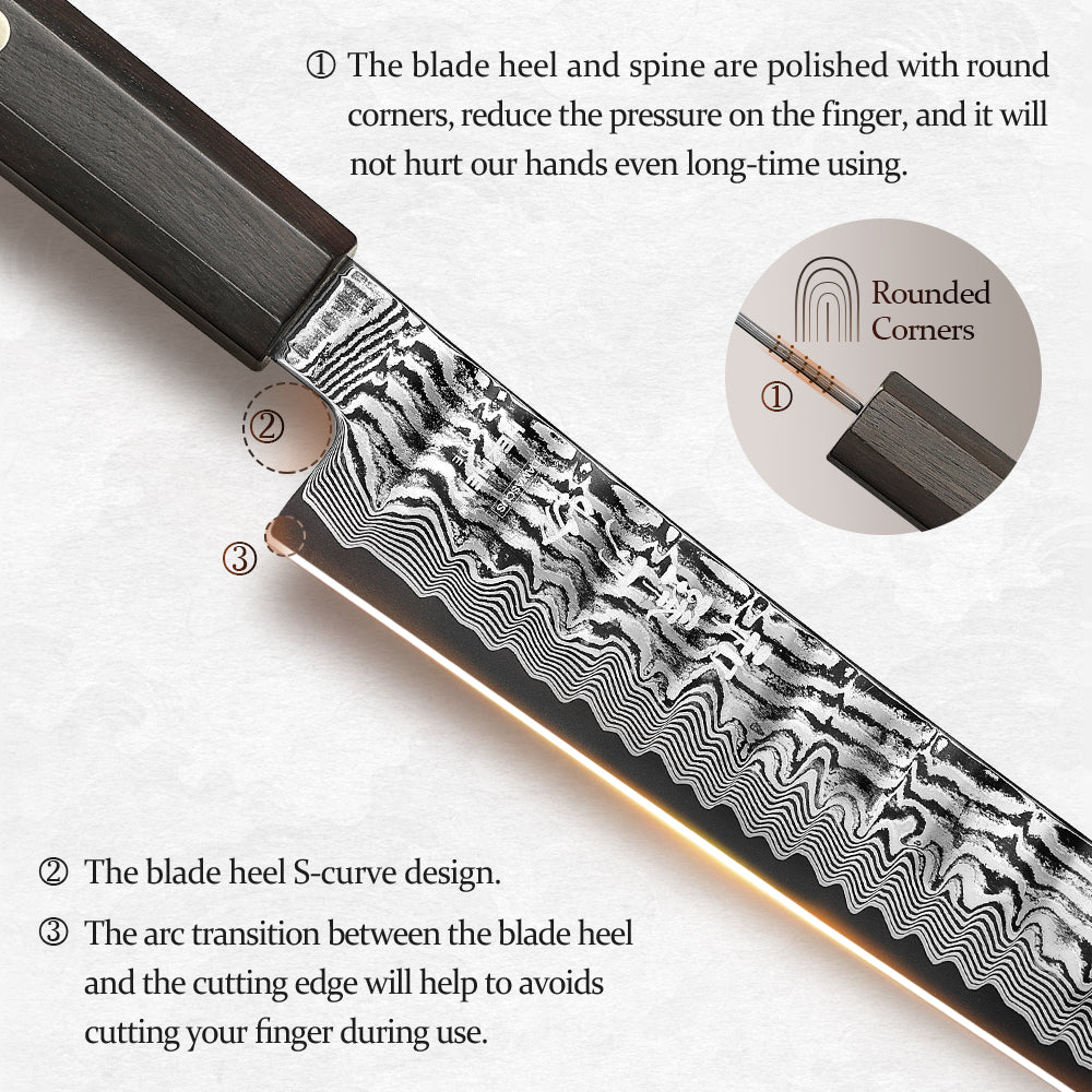 HEZHEN 10 Inch Japanese Sakimaru Knife, 67-layers Damascus Steel, Ergonomic Ebony Wood Handle, Smooth Precision Slicing Kitchen Knife