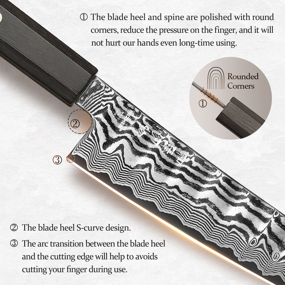 HEZHEN 5.9" Bunka Knife – 67-Layer Damascus Steel Blade,  15° Edge Angle, Versatile Chef Knife for Meat, Vegetables & Fruits