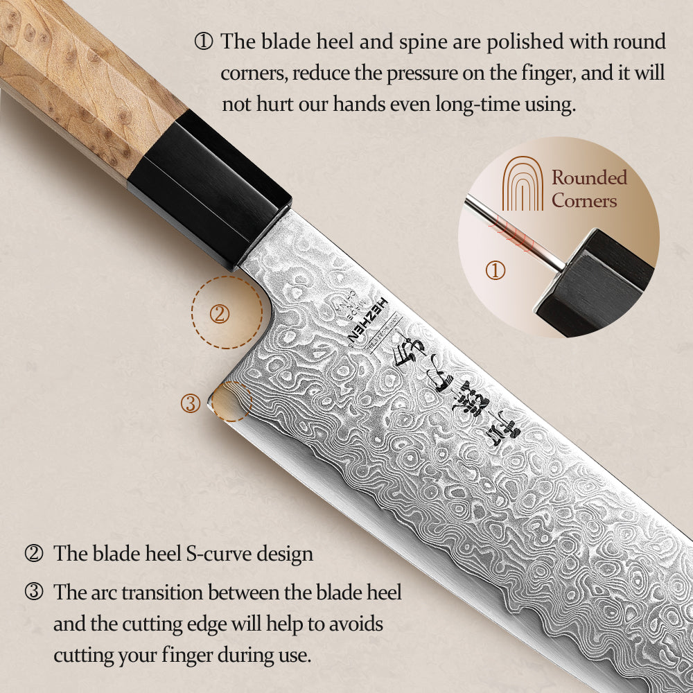 HEZHEN 8.5 Inches Bunka Knife, Blue Steel No.2 Carbon Steel Core Damascus Steel, Figured Sycamore Wood Handle