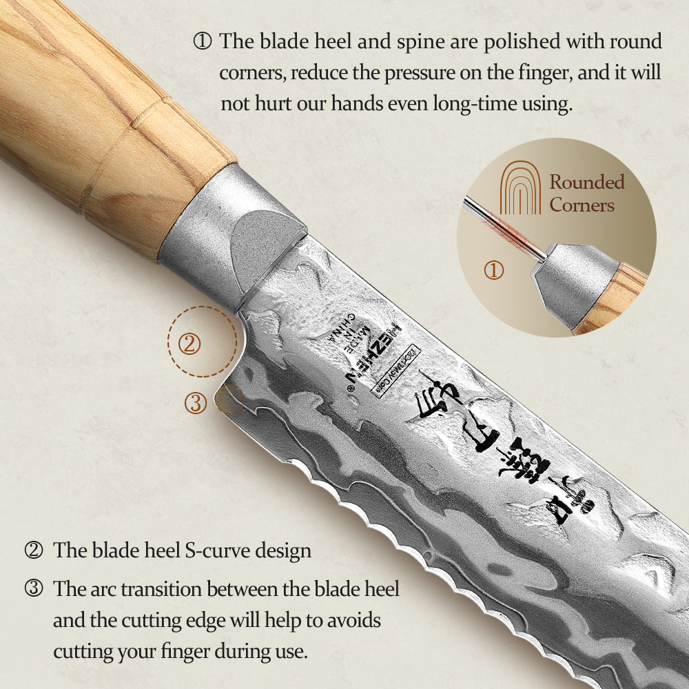HEZHEN Serrated 9‑Layer Damascus 8.1'Bread Knife – 12Cr18MoV, Effortless Crust‑Cutting & Crumb Protection
