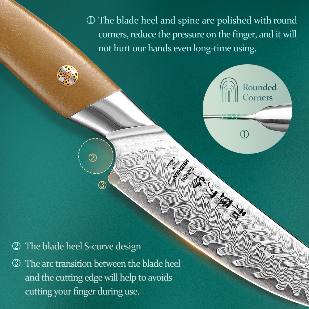 HEZHEN 67-Layer Damascus Steel 5.4”Steak Knife, 10Cr15CoMoV Steel Core Kitchen Knife, Ergonomic Linen Micarta Handle,Multipurpose Cutting Knife for Steak, Fruit, Barbecue