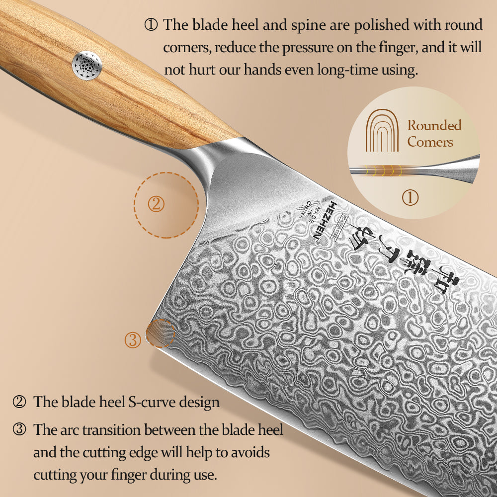 HEZHEN 7 Inches Meat Cleaver Knife, 73 Layers Damascus Powder Steel, Olive Wood Handle, Gift Ready-Flagship Series