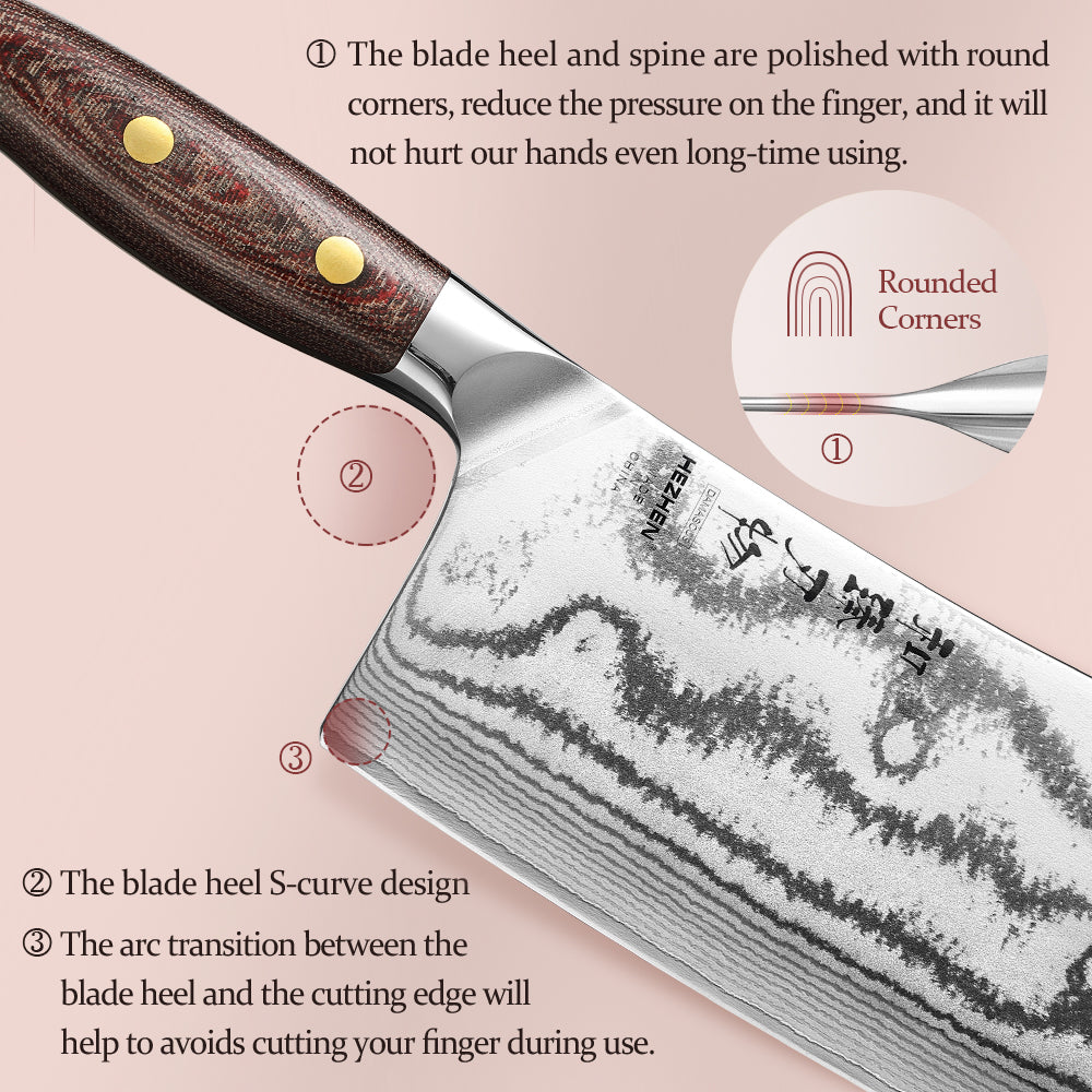 HEZHEN 6.9 Inches 67-Layer Damascus Bone Chopper – 7Cr17MoV Steel, Ergonomic Micarta Handle