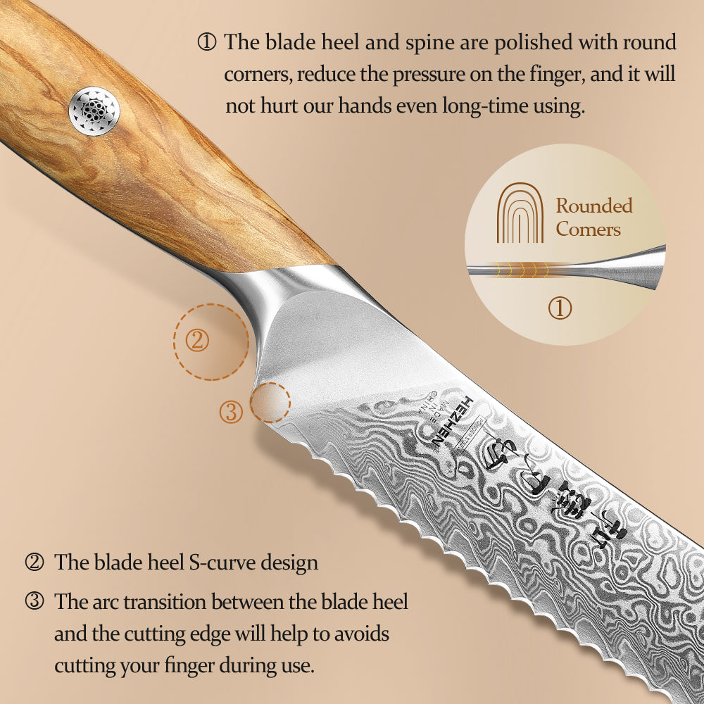 HEZHEN 8.5  Inches Serrated Bread Knife, 73 Layers Damascus Powder Steel, Olive Wood Handle, Gift Ready-Flagship Series