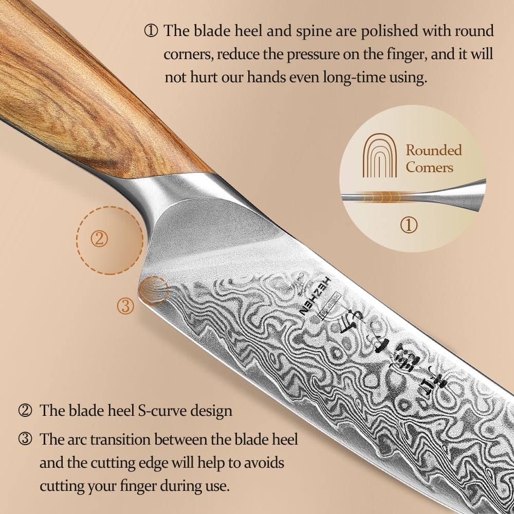 HEZHEN Premium 73-Layer Damascus Steel Steak Knife,ith Ergonomic Olive Wood Handle – Razor-Sharp 15° Edge