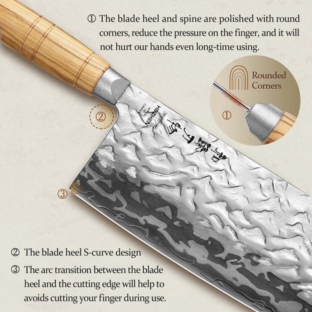 HEZHEN 7.1 Inches Cleaver Knife– 12Cr18MoV Steel Core With Olive Wood Grip Everyday Cooking Knife