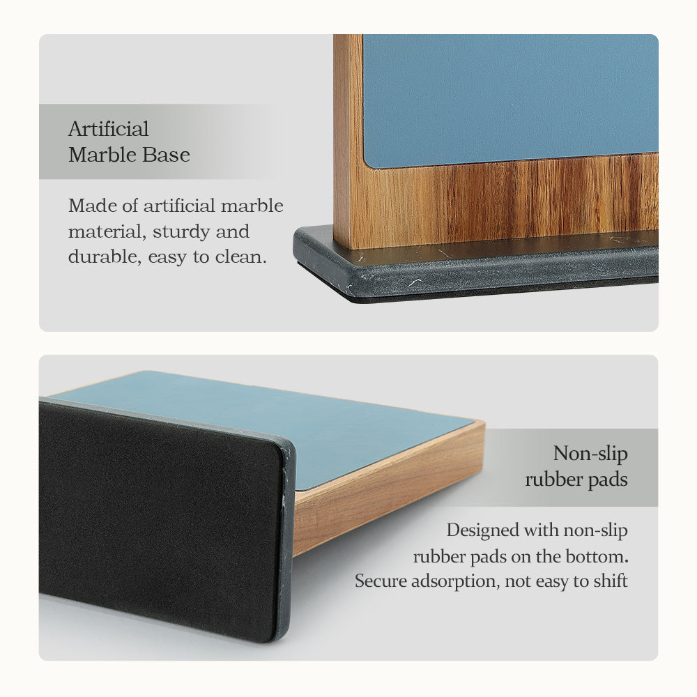 HEZHEN Dual-Side Magnetic Knife Holder with Leather Surfaces | Raw & Cooked Separation | Acacia Wood & Marble Base