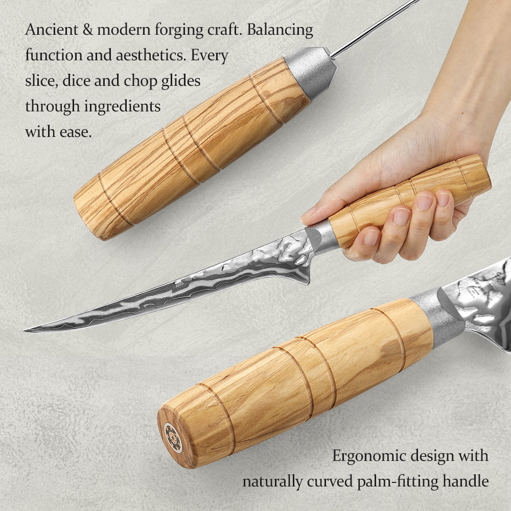 HEZHEN 7.2”Seafood Fillet Knife Professional 9-Layer Damascus,Razor Sharp Blade, Non-Slip Olive Wood Grip for Fish Deboning & Sashimi Cutting