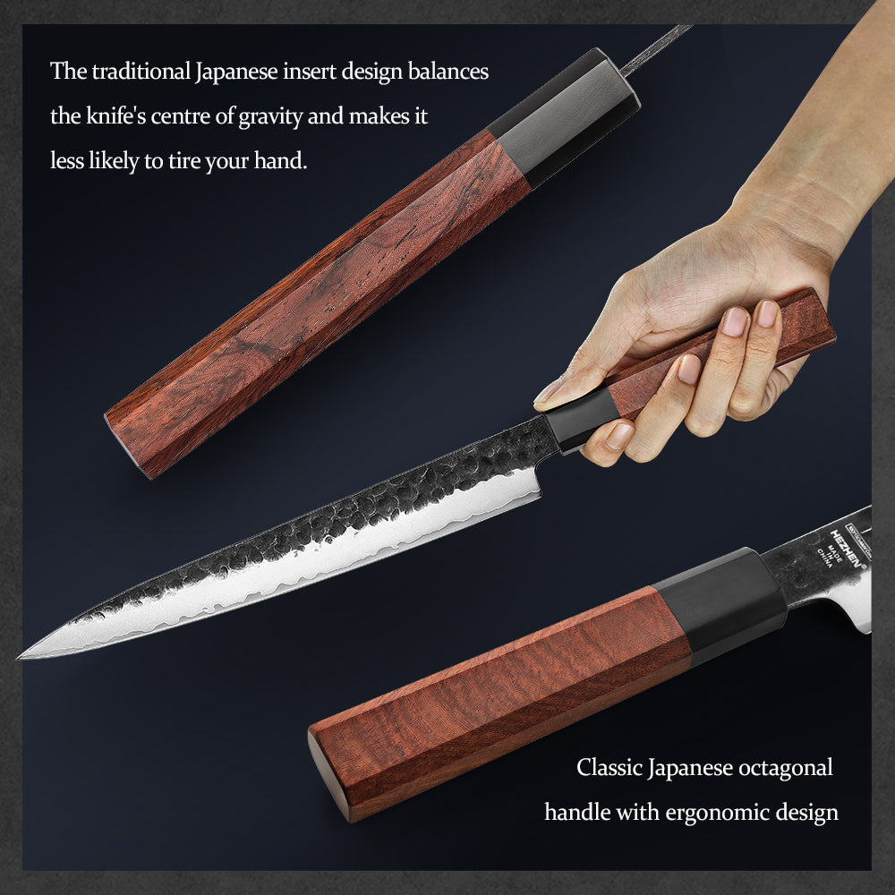 HEZHEN 10 Inches Carving Knife 3 Layers Composite Steel High-hardness Kitchen Knife Red Wood Handle