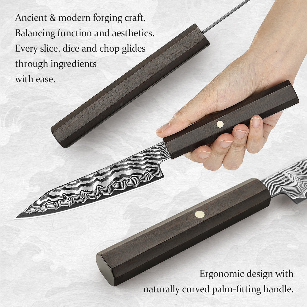 HEZHEN 5.2 Inch Kitchen Utility Knife, 67‑Layer Damascus Steel with 10Cr15CoMoV Steel Core, 60±2 HRC Hardness,