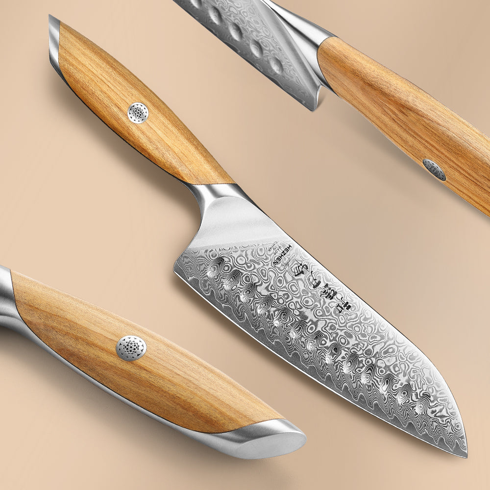 HEZHEN 7.5 Inches Santoku Knife, 73 Layers Damascus Powder Steel, Olive Wood Handle, Gift Ready-Flagship Series