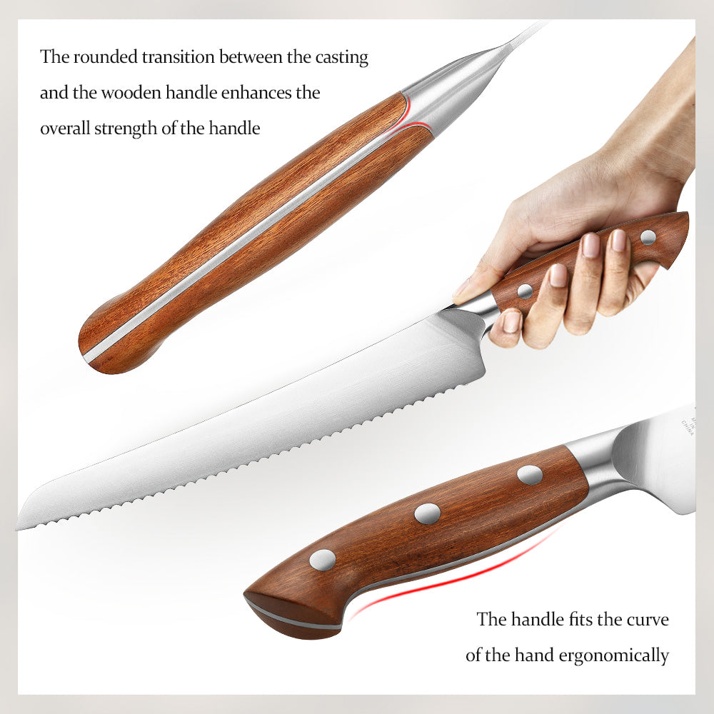 HEZHEN 10.6 Inches German Stainless Steel Bread Knife Ergonomic & Rust Resistant for Home Kitchen