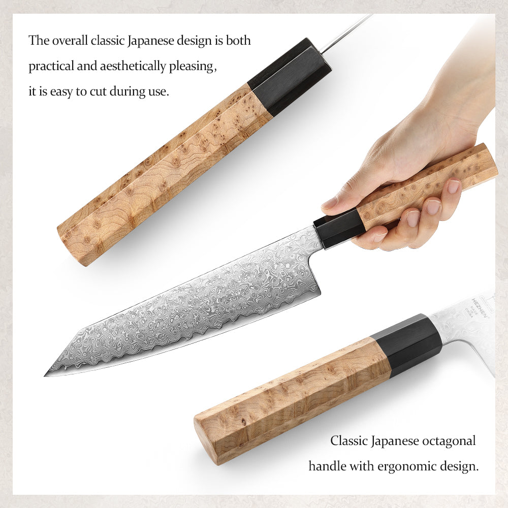 HEZHEN 8.5 Inches Bunka Knife, Blue Steel No.2 Carbon Steel Core Damascus Steel, Figured Sycamore Wood Handle
