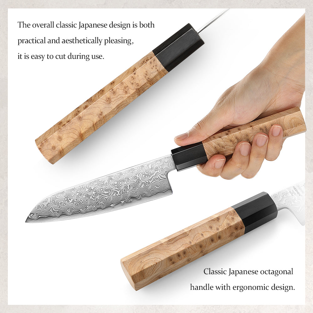HEZHEN 5.5 Inch Japanese Santoku Knife, Blue Steel No.2 Carbon Steel Core Damascus Blade, Figured Sycamore Wood Handle
