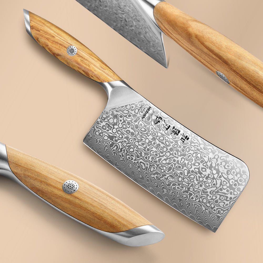 HEZHEN 7 Inches Bone Cleaver Knife, 73 Layers Damascus Powder Steel, Olive Wood Handle, Gift Ready-Flagship Series