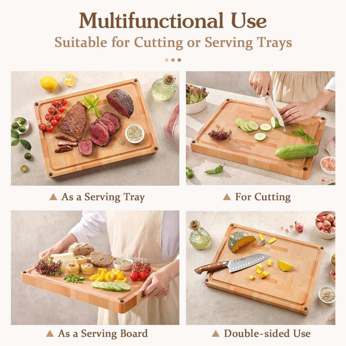 HEZHEN Premium End-Grain Beech Wood Chopping Board – Double-Sided with Juice Groove, Non-Slip Feet & Handles – Multipurpose Kitchen & Serving Tray